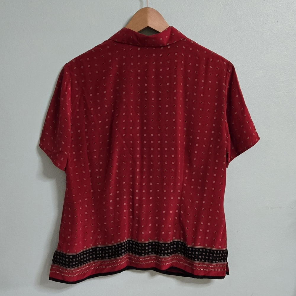 Vtg Silk Liz Claiborne Short Sleeve Button Down Red Black - Picture 2 of 7